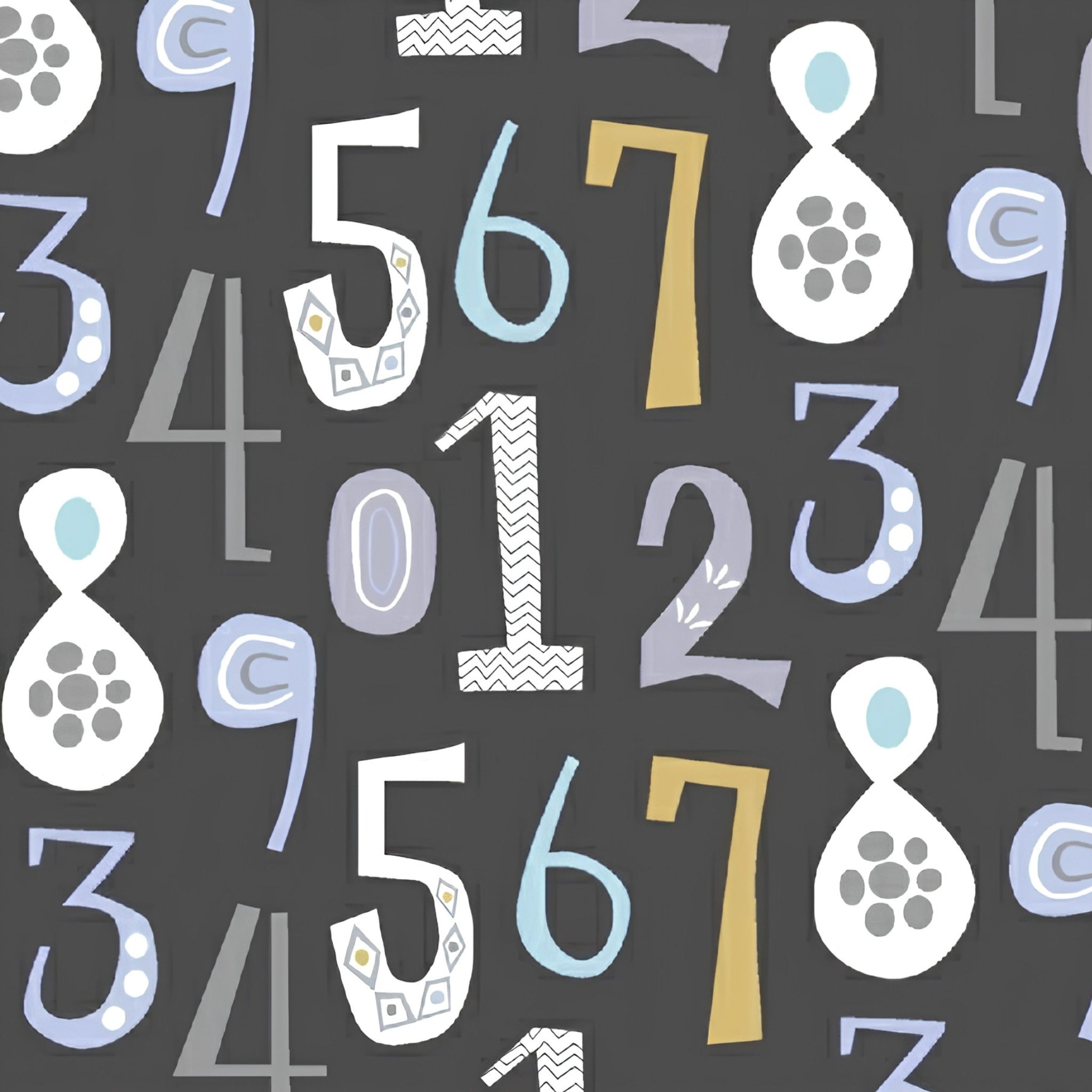 Bold numbers teal lavender gold white charcoal fabric for children's quilts baby quilts and nursery décor