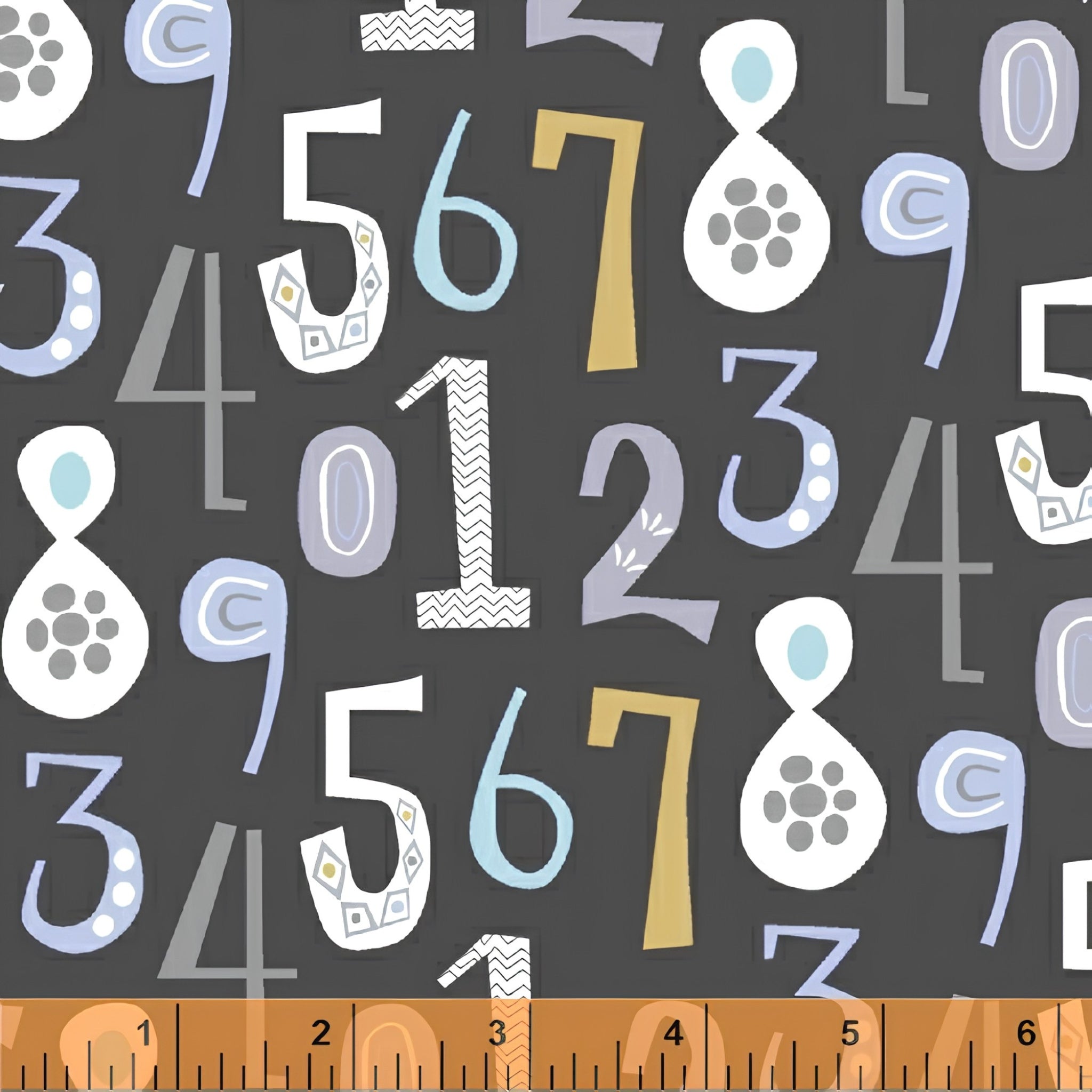 Bold numbers teal lavender gold white charcoal fabric for children's quilts baby quilts and nursery décor