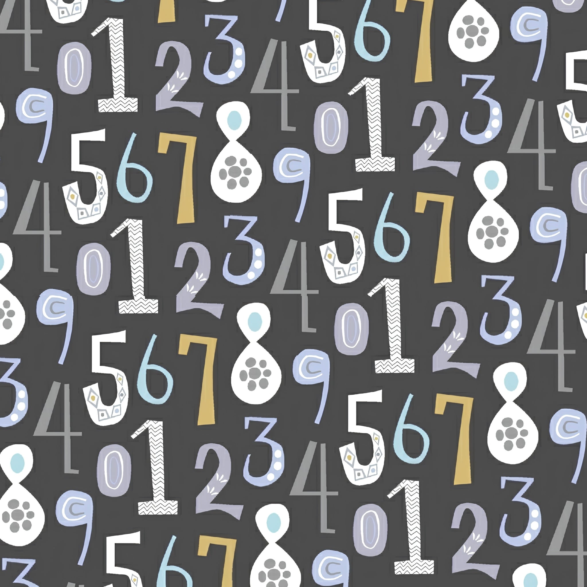 Bold numbers teal lavender gold white charcoal fabric for children's quilts baby quilts and nursery décor