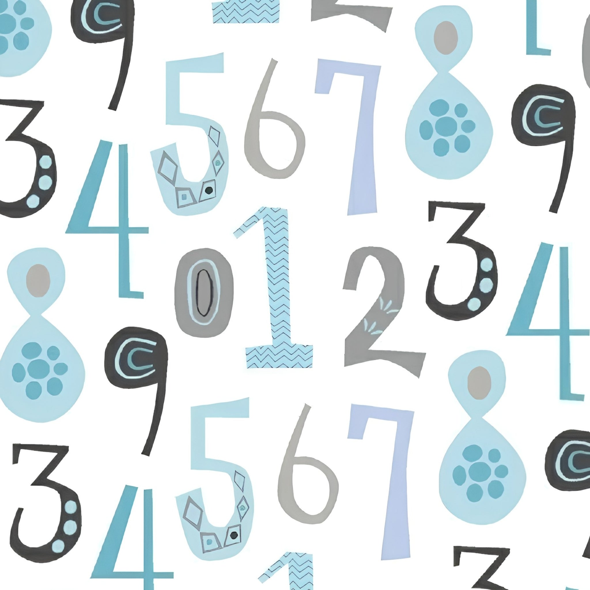Bold numbers teal black grey lavender white fabric for children's quilts baby quilts and nursery décor