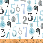 Bold numbers teal black grey lavender white fabric for children's quilts baby quilts and nursery décor