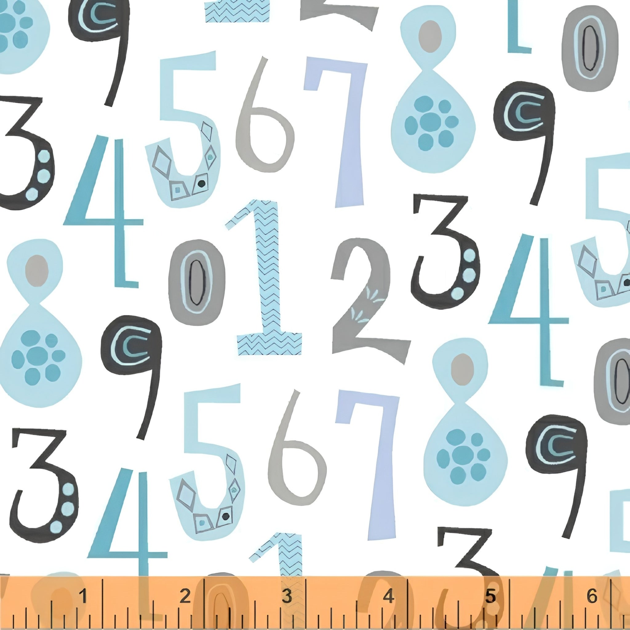 Bold numbers teal black grey lavender white fabric for children's quilts baby quilts and nursery décor