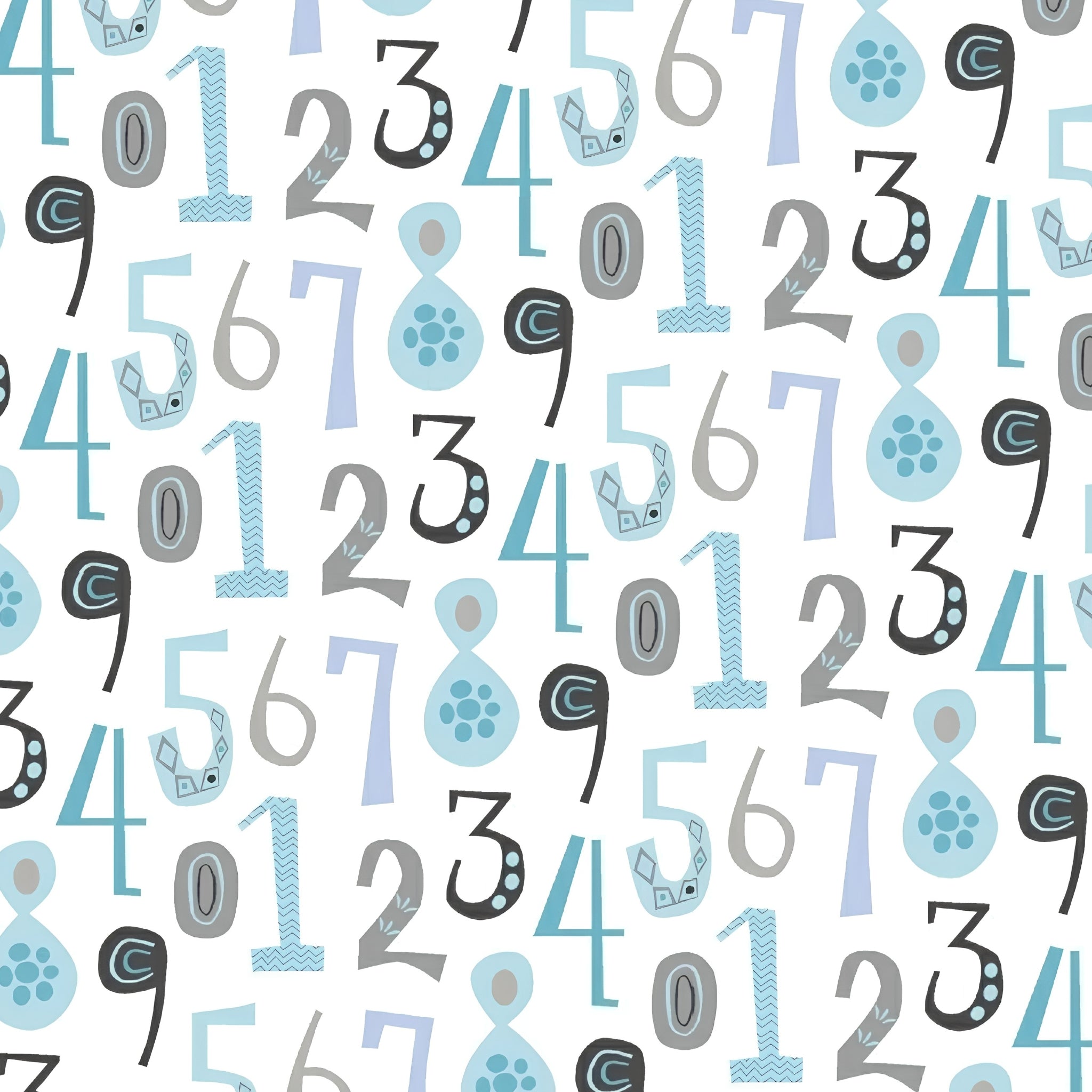 Bold numbers teal black grey lavender white fabric for children's quilts baby quilts and nursery décor