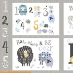 Bah Bah Baby counting sheep panel left half numbers 1 to 5 and eat sleep be cozy blocks grey baby quilting fabric