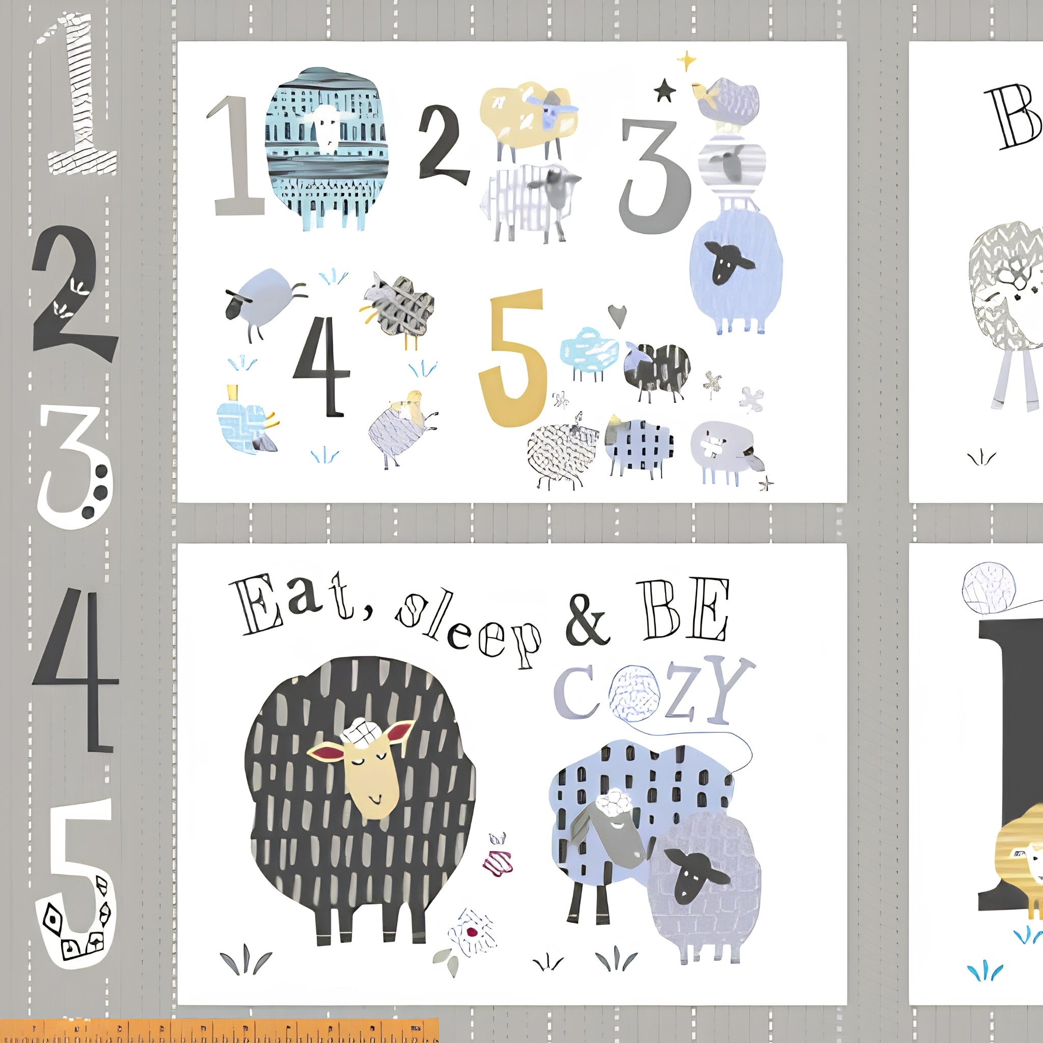 Bah Bah Baby counting sheep panel left half numbers 1 to 5 and eat sleep be cozy blocks grey baby quilting fabric