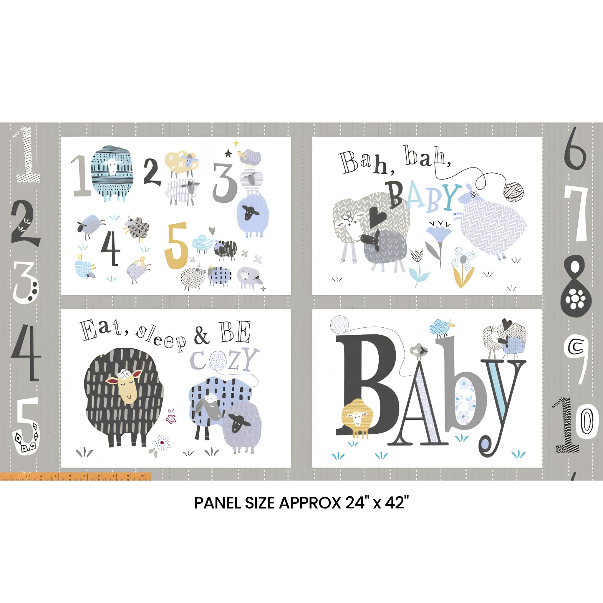 Bah Bah Baby four block panel grey counting sheep numbers nursery fabric for baby quilts and wall hangings