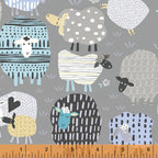 Patterned sheep blue teal yellow grey novelty fabric for baby quilts children's quilts and nursery décor