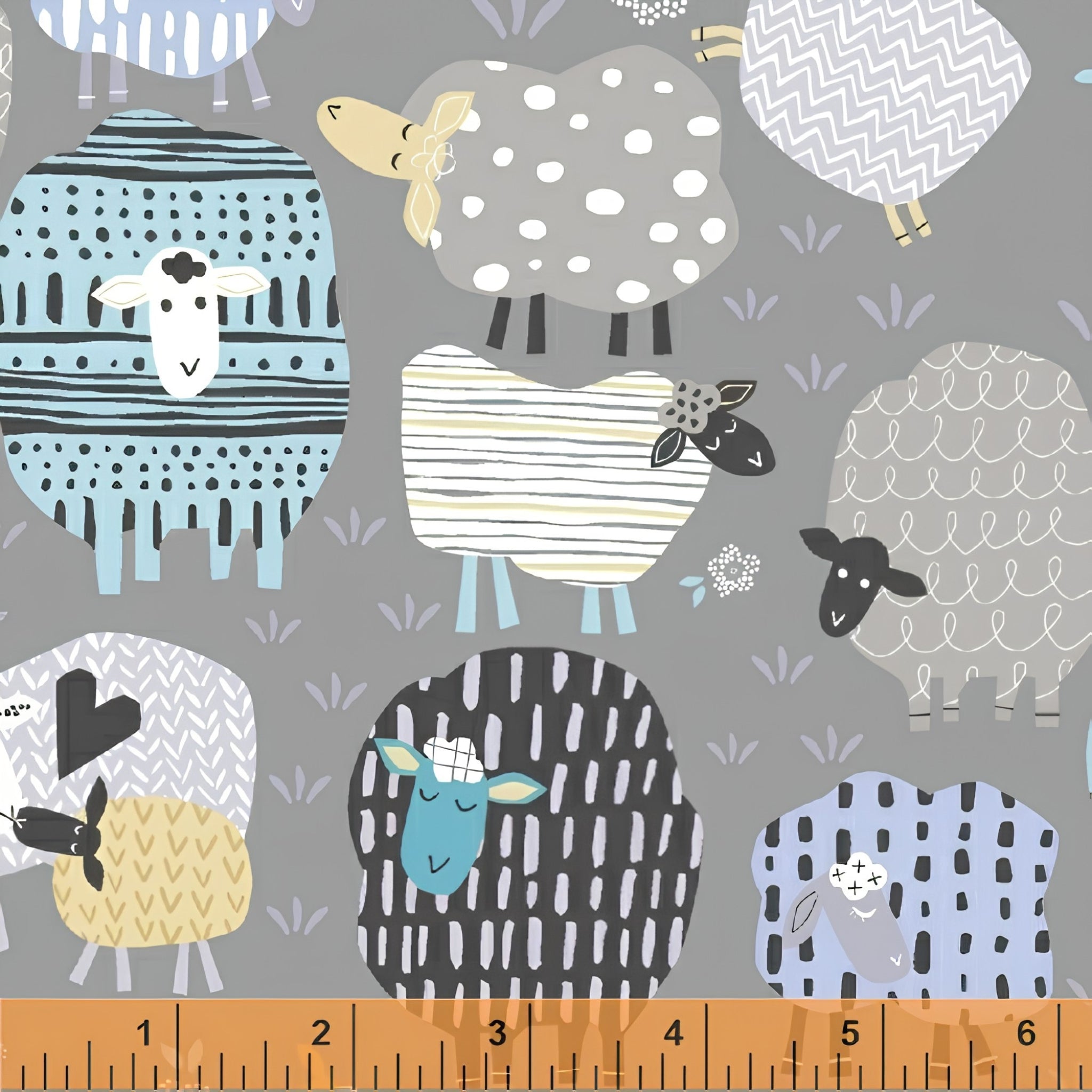 Patterned sheep blue teal yellow grey novelty fabric for baby quilts children's quilts and nursery décor