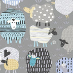 Patterned sheep blue teal yellow grey novelty fabric for baby quilts children's quilts and nursery décor