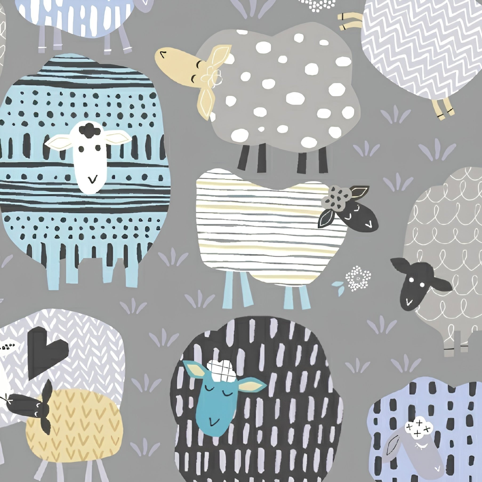 Patterned sheep blue teal yellow grey novelty fabric for baby quilts children's quilts and nursery décor