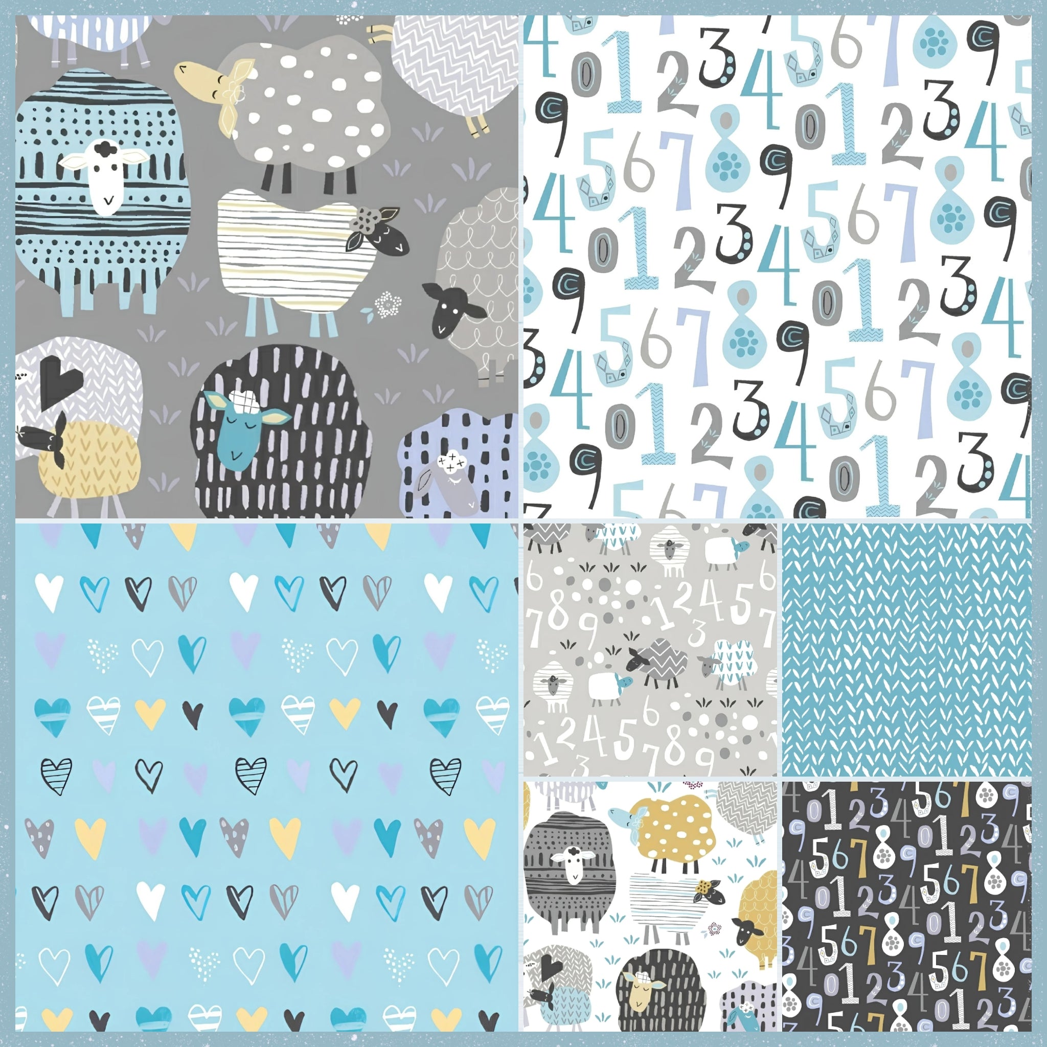 Bah Bah Baby fabric bundle — coordinating sheep numbers and hearts prints in blue grey and cream for baby quilts nursery décor and cot quilts