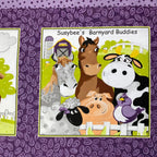 Barnyard Buddies title page block horse cow sheep pig bird farm animals purple novelty fabric for baby soft book panel