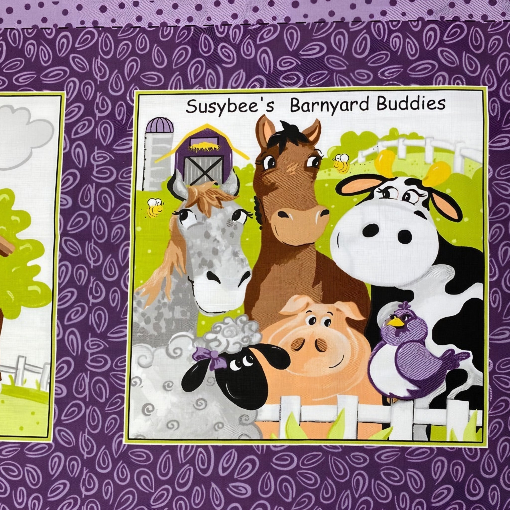 Barnyard Buddies title page block horse cow sheep pig bird farm animals purple novelty fabric for baby soft book panel
