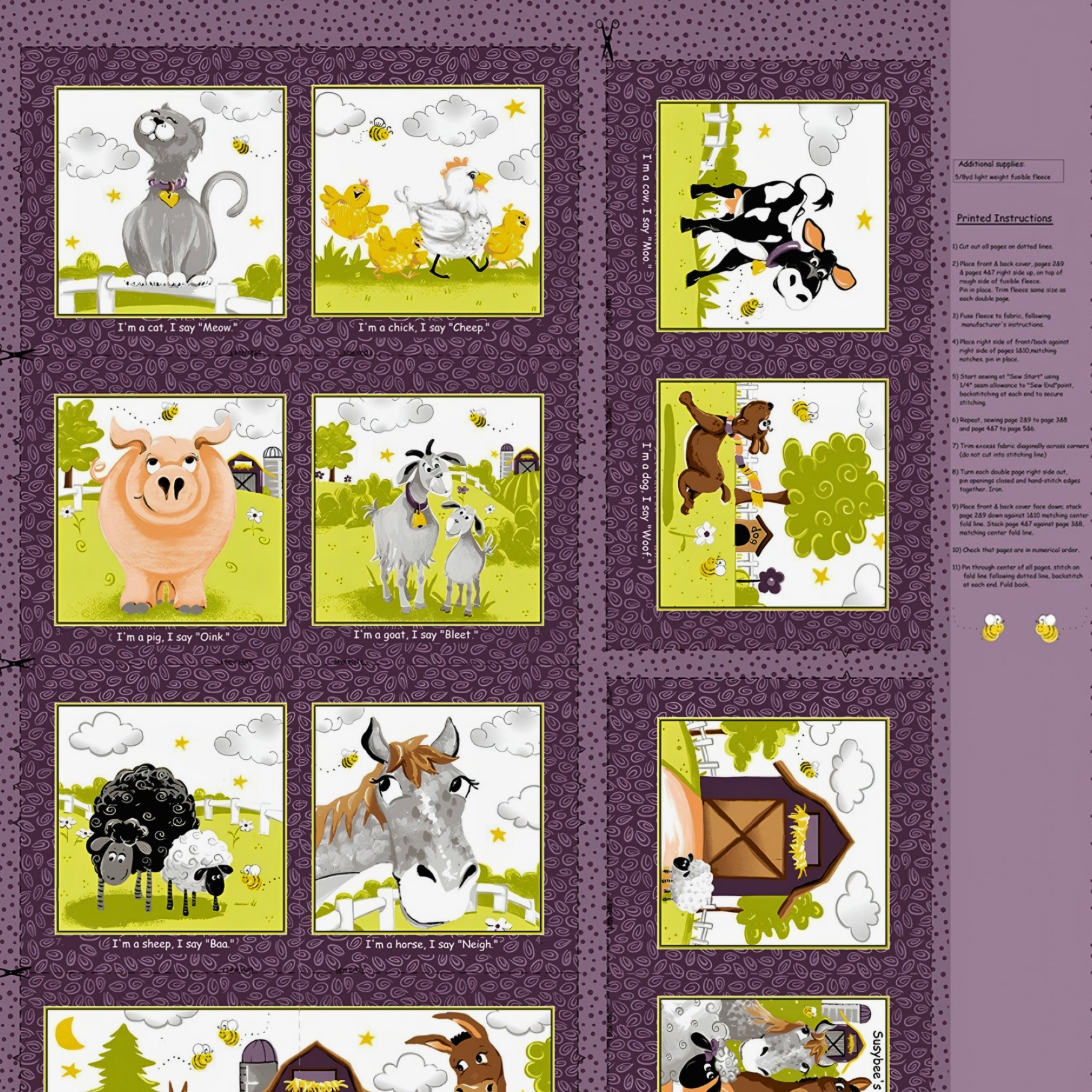 Barnyard Buddies soft book panel purple farm animals cat cow sheep pig horse donkey kids novelty quilting fabric baby gifts toddler soft books