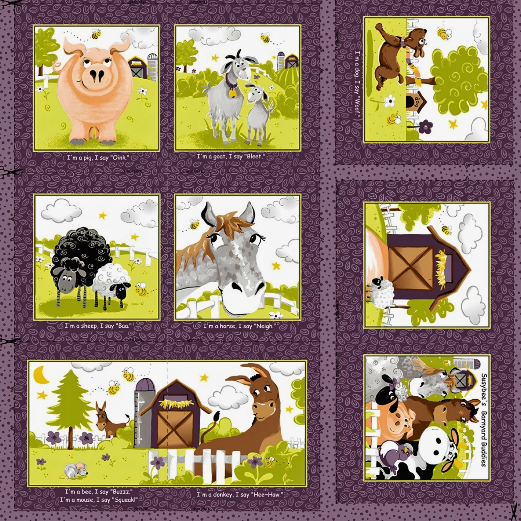 Barnyard Buddies soft book panel purple farm animals cat cow sheep pig horse donkey kids novelty quilting fabric baby gifts toddler soft books