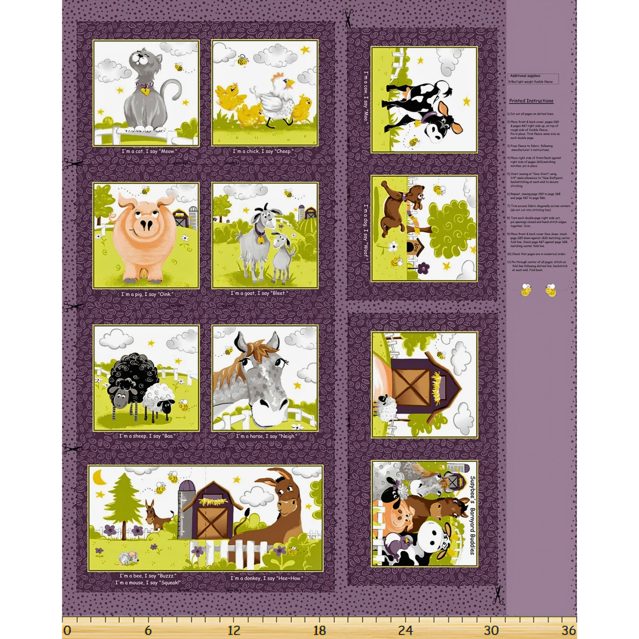 Barnyard Buddies soft book panel purple farm animals cat cow sheep pig horse donkey kids novelty quilting fabric baby gifts toddler soft books