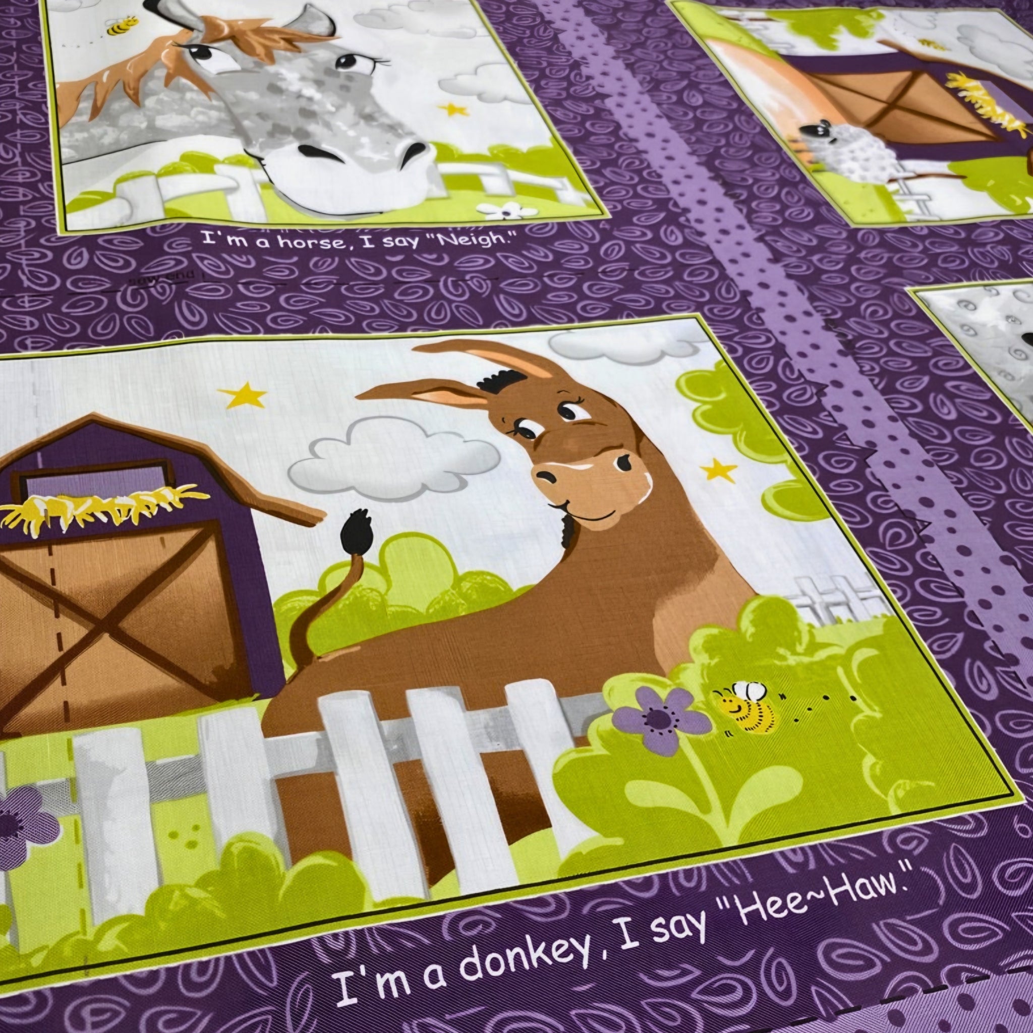 Barnyard Buddies purple soft book panel pages donkey horse farm animal sounds for baby toddler handmade fabric book gift