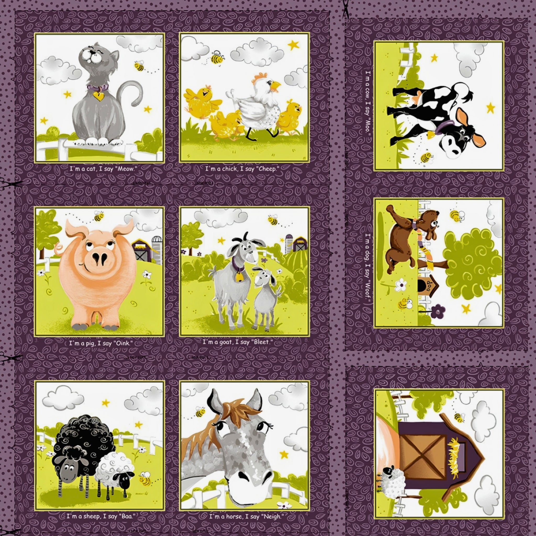 Barnyard Buddies soft book panel purple farm animals cat cow sheep pig horse donkey kids novelty quilting fabric baby gifts toddler soft books