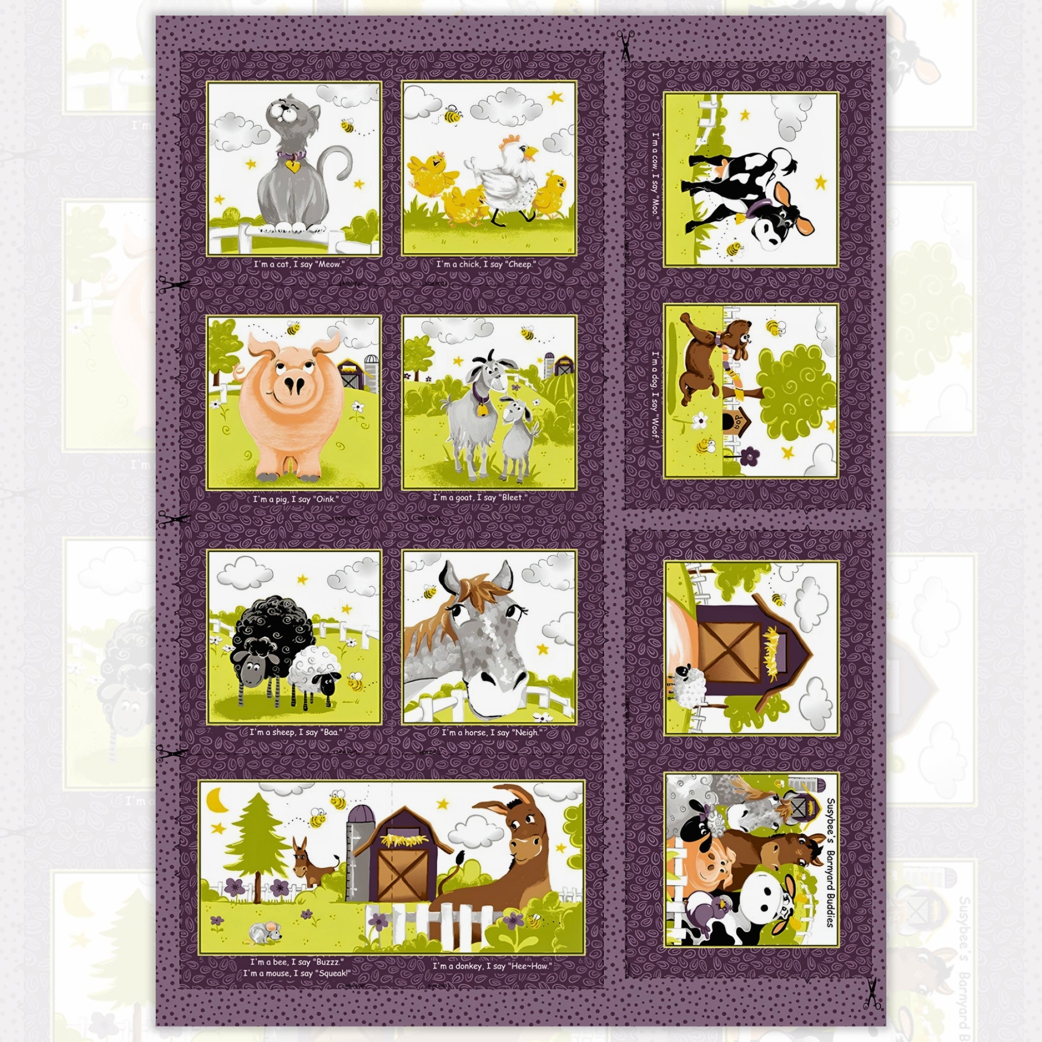 Barnyard Buddies soft book panel purple farm animals cat cow sheep pig horse donkey kids novelty quilting fabric baby gifts toddler soft books