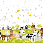 Barnyard Buddies double border white farm animals cow horse pig sheep stars clouds kids novelty quilting fabric baby quilts pillowcases nursery projects