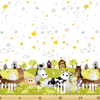 Barnyard Buddies double border white farm animals cow horse pig sheep stars clouds kids novelty quilting fabric baby quilts pillowcases nursery projects