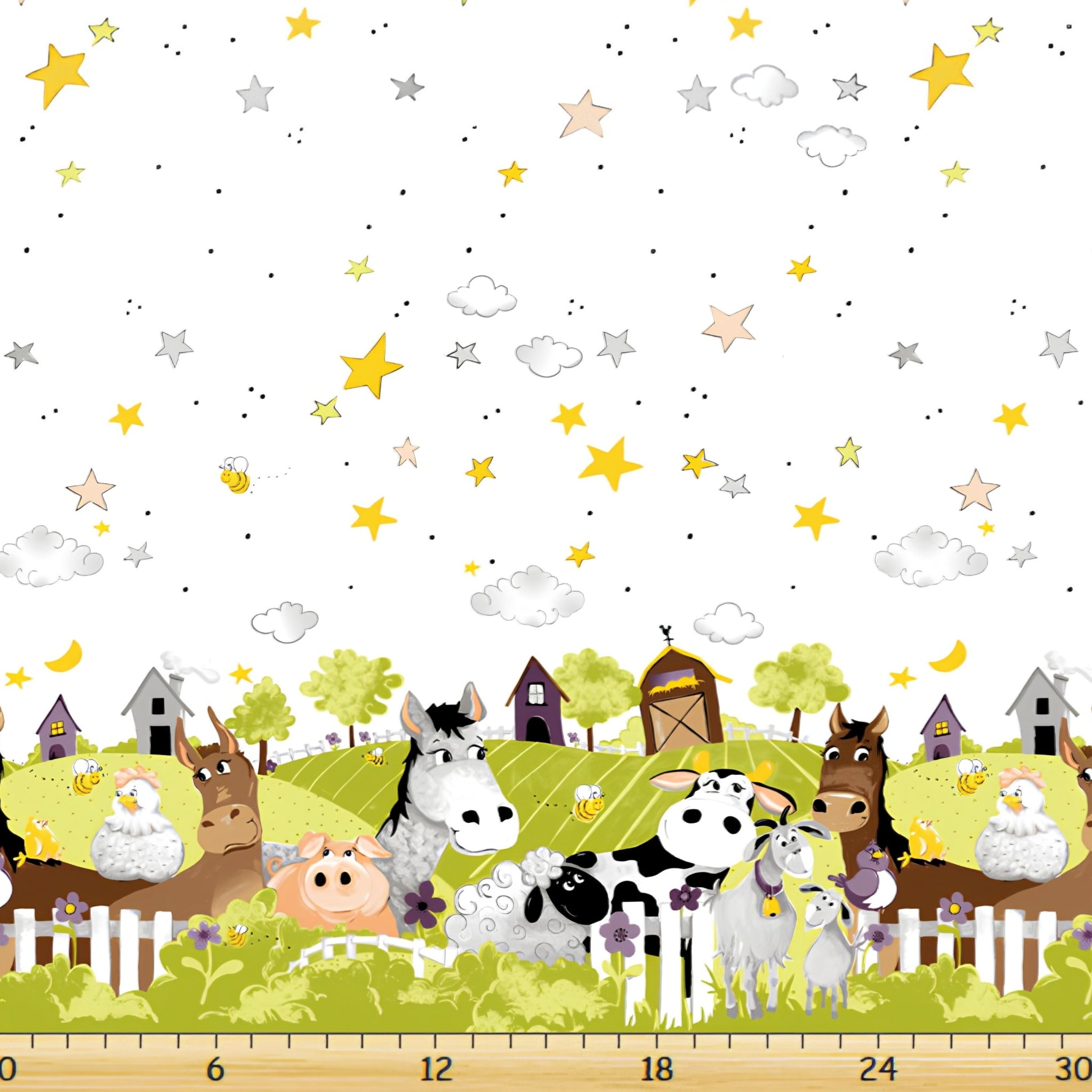 Barnyard Buddies double border white farm animals cow horse pig sheep stars clouds kids novelty quilting fabric baby quilts pillowcases nursery projects