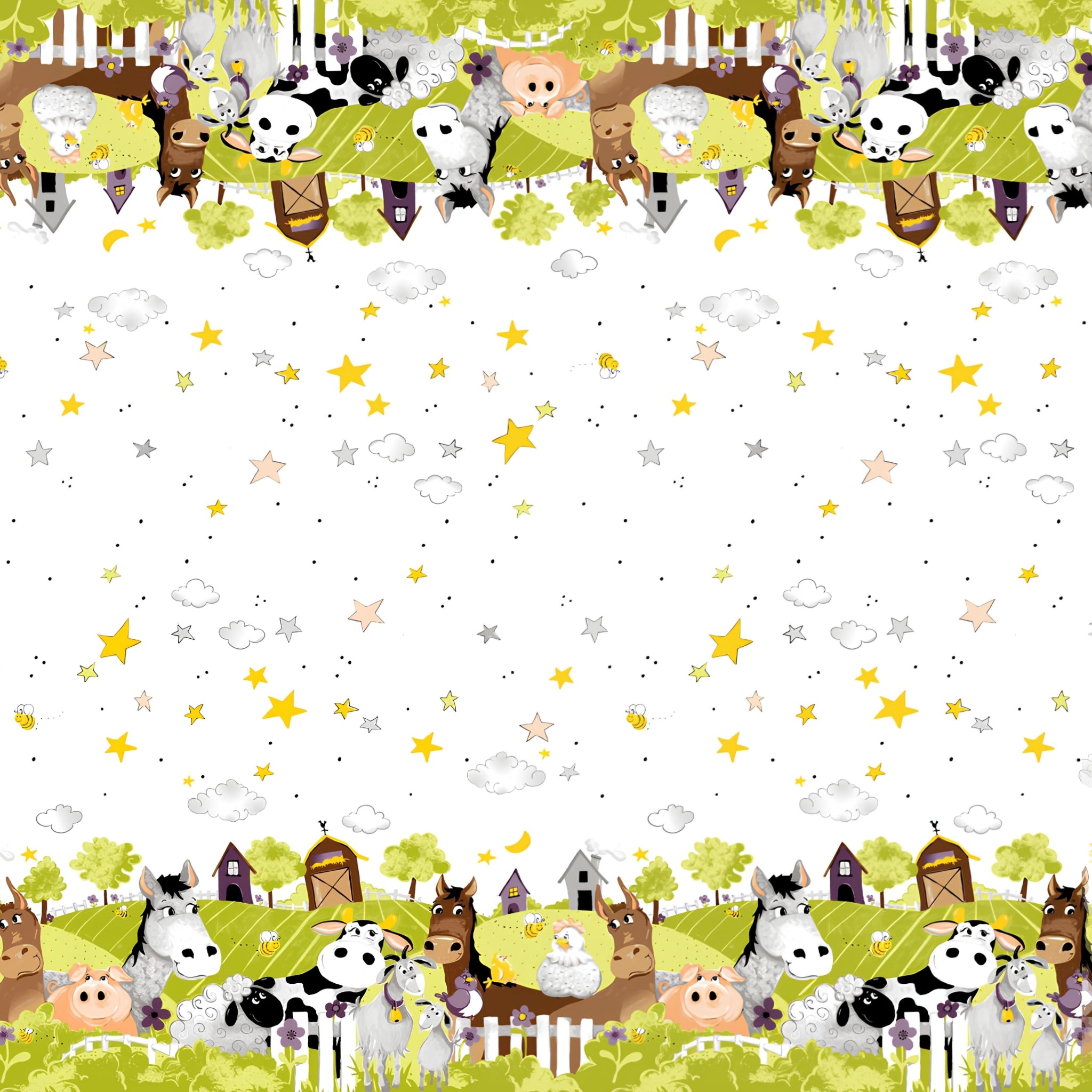 Barnyard Buddies double border white farm animals cow horse pig sheep stars clouds kids novelty quilting fabric baby quilts pillowcases nursery projects