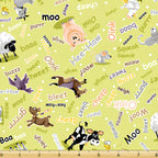 Barnyard Buddies farm animal noises tossed animals lime green moo oink baa woof novelty kids quilting fabric baby quilts soft books nursery projects