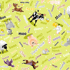 Barnyard Buddies farm animal noises tossed animals lime green moo oink baa woof novelty kids quilting fabric baby quilts soft books nursery projects