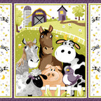 Barnyard Buddies quilt panel purple farm animals horse cow sheep pig donkey bird barn scene border strips vignette blocks kids novelty baby quilt gift