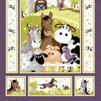 Barnyard Buddies quilt panel purple farm animals horse cow sheep pig donkey bird barn scene border strips vignette blocks kids novelty baby quilt gift