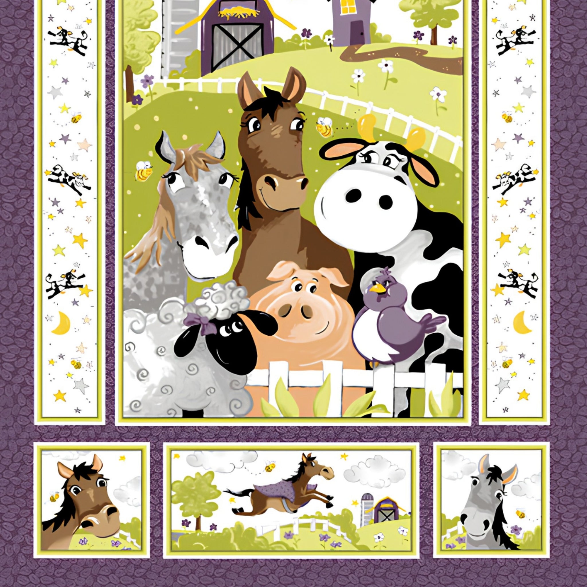 Barnyard Buddies quilt panel purple farm animals horse cow sheep pig donkey bird barn scene border strips vignette blocks kids novelty baby quilt gift