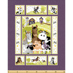 Barnyard Buddies quilt panel purple farm animals horse cow sheep pig donkey bird barn scene border strips vignette blocks kids novelty baby quilt gift