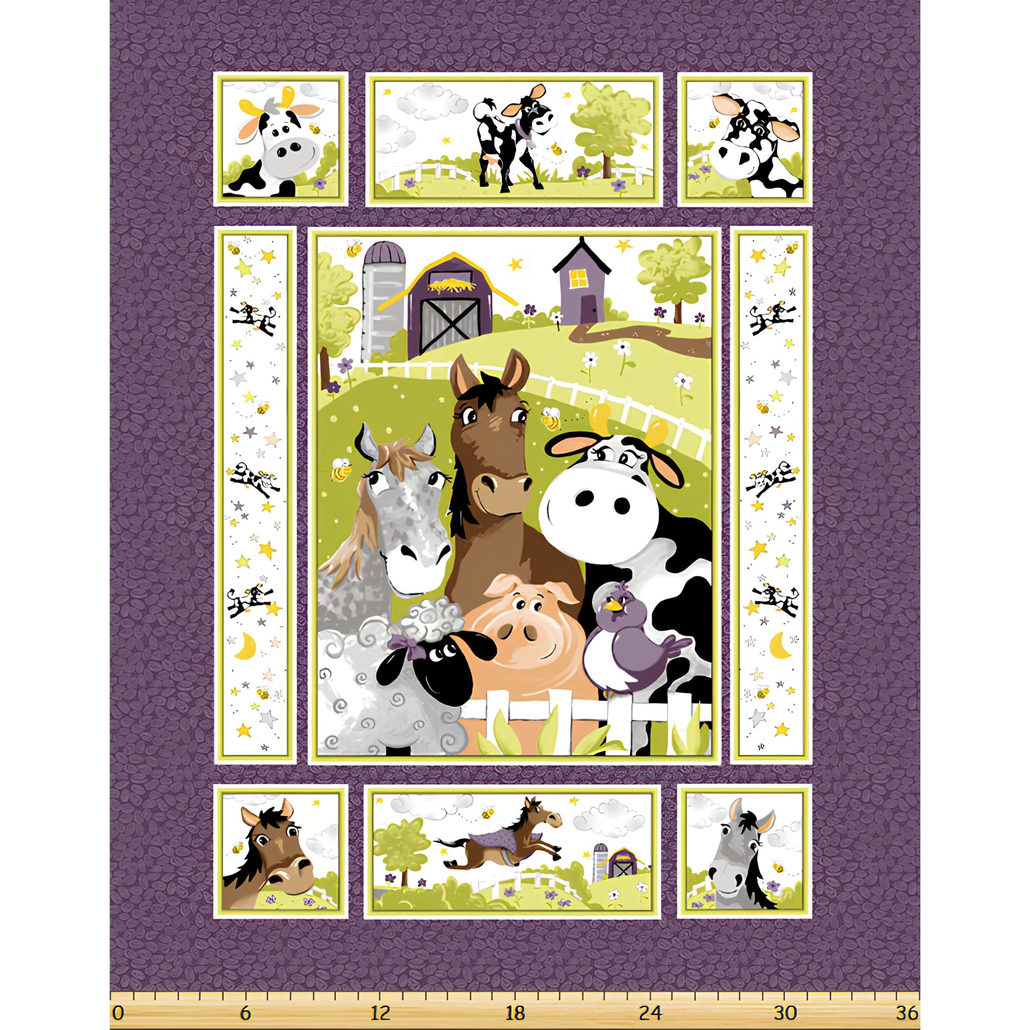 Barnyard Buddies quilt panel purple farm animals horse cow sheep pig donkey bird barn scene border strips vignette blocks kids novelty baby quilt gift