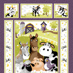 Barnyard Buddies quilt panel purple farm animals horse cow sheep pig donkey bird barn scene border strips vignette blocks kids novelty baby quilt gift