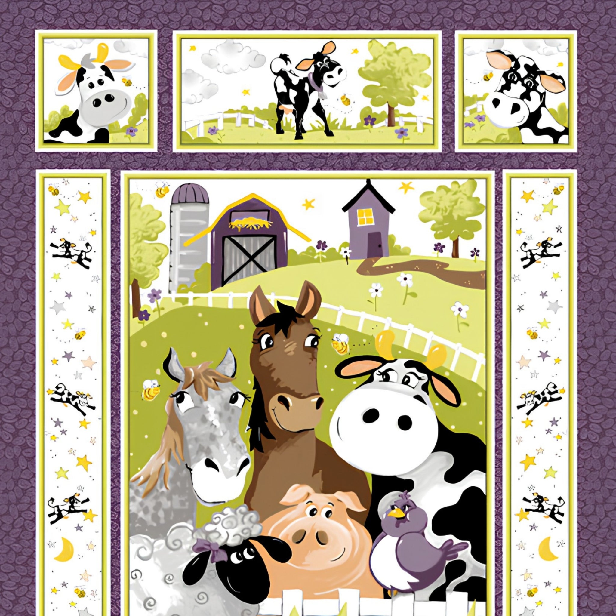 Barnyard Buddies quilt panel purple farm animals horse cow sheep pig donkey bird barn scene border strips vignette blocks kids novelty baby quilt gift
