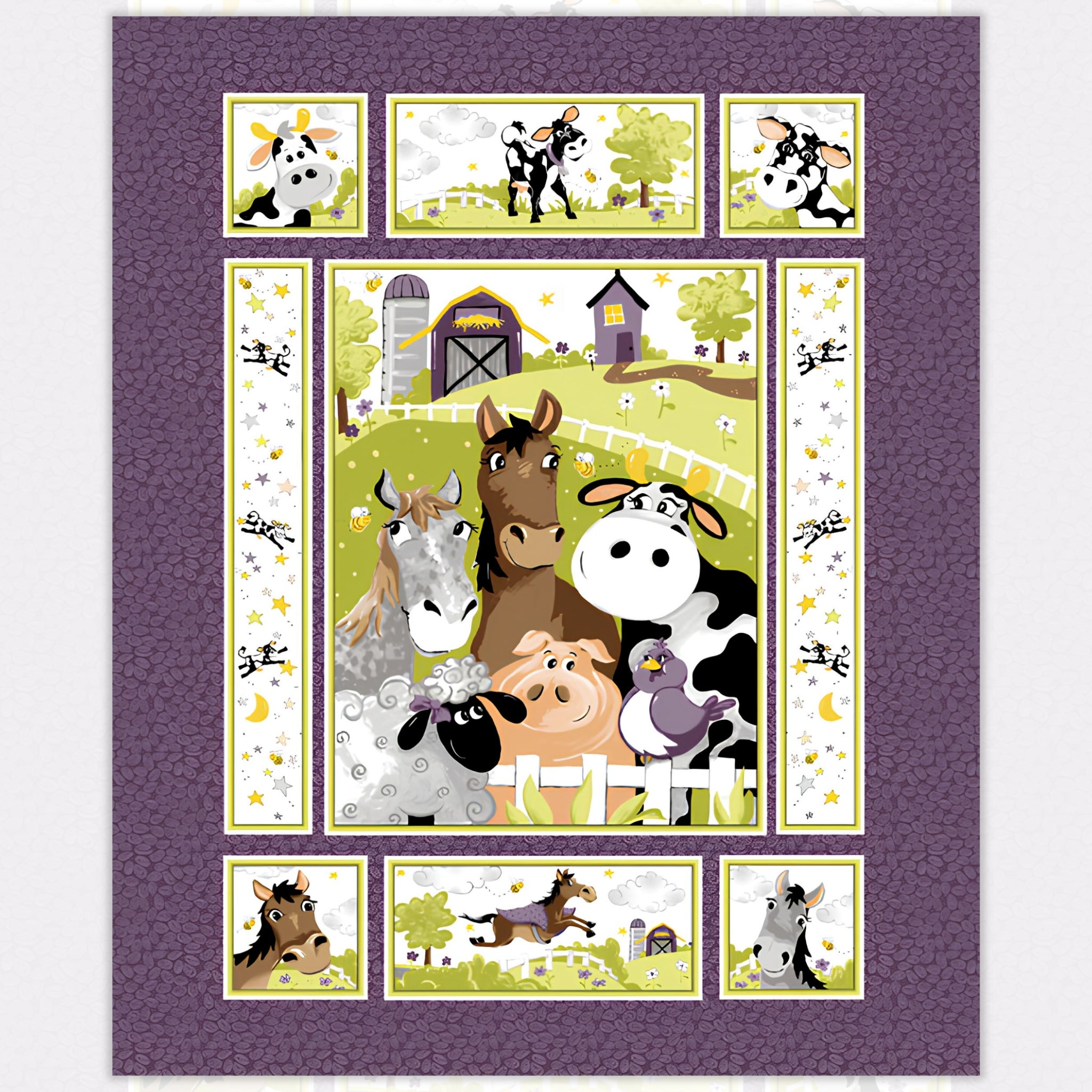 Barnyard Buddies quilt panel purple farm animals horse cow sheep pig donkey bird barn scene border strips vignette blocks kids novelty baby quilt gift
