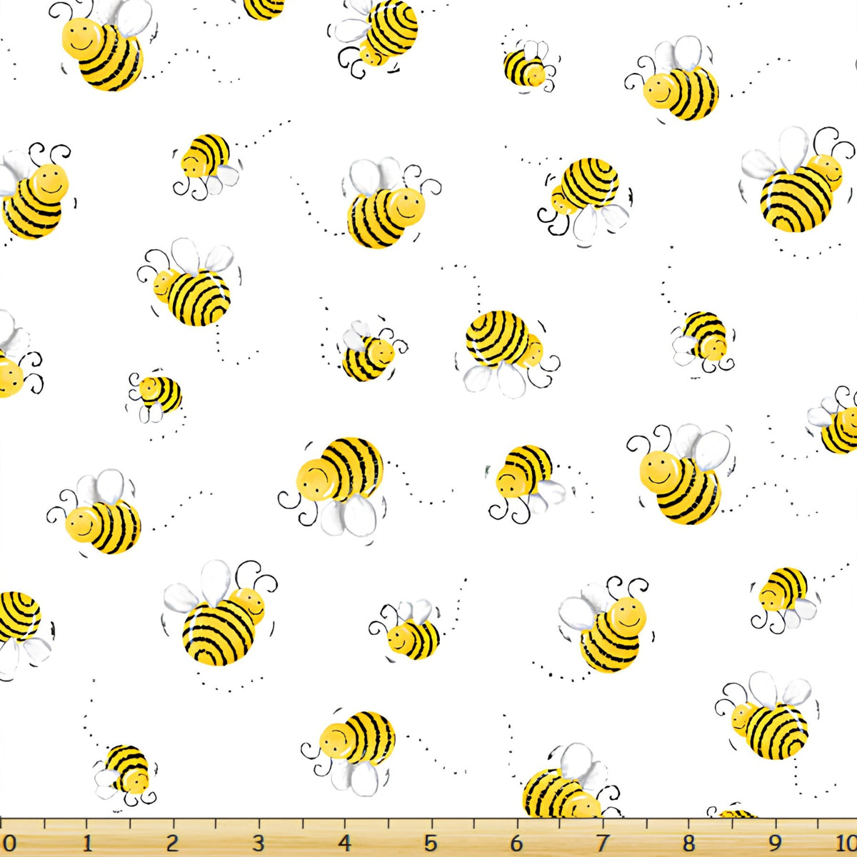 Barnyard Buddies Susy Bees smiley bumblebees yellow black white tossed novelty kids quilting fabric baby quilts nursery projects children's quilts