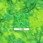 Vivid lime clover green mottled batik blender fabric with emerald and teal undertones for quilt backgrounds sashing and scrappy batik quilts