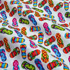 Colourful flip-flops white fabric with stripes polka dots for beach quilts, summer bags and patchwork sewing projects