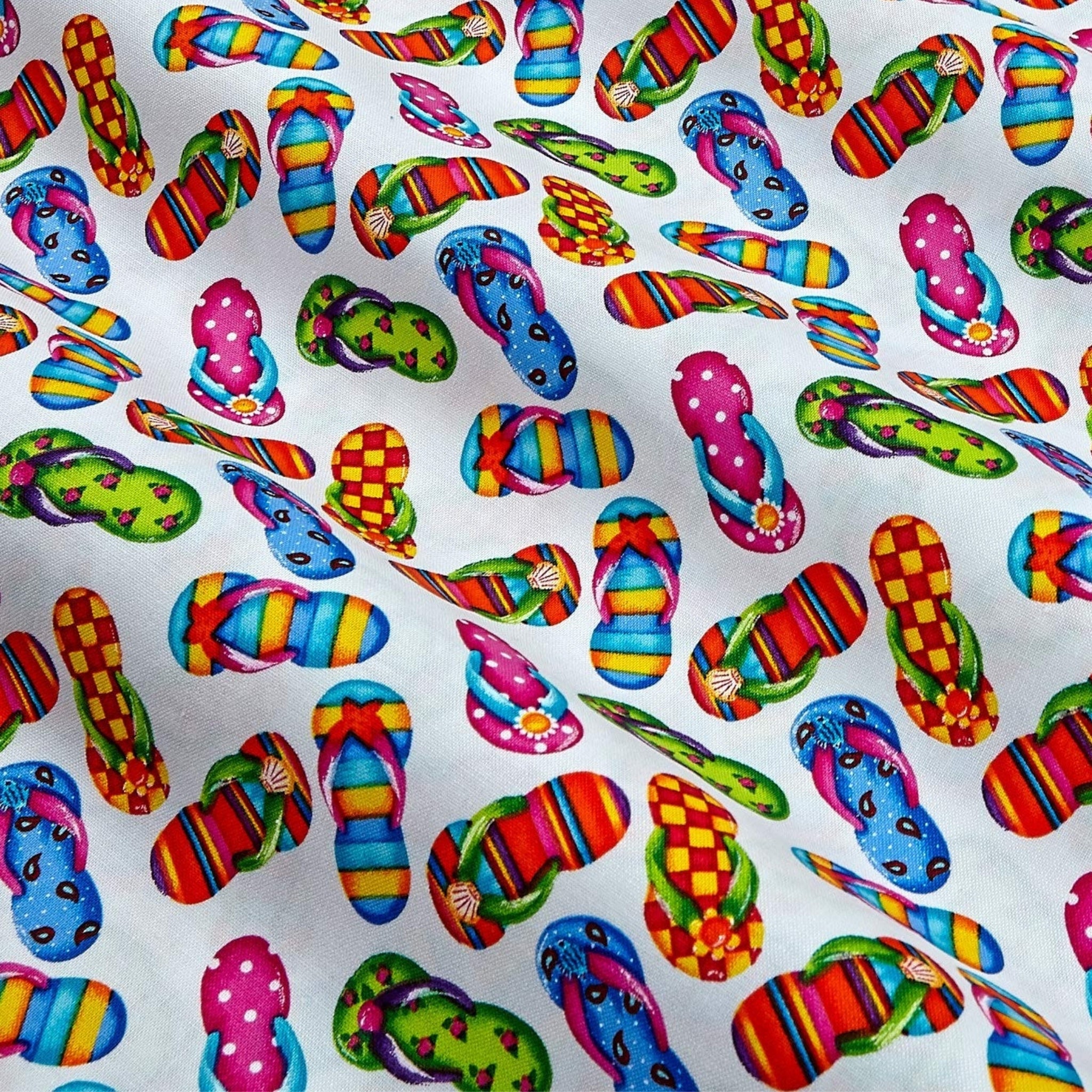 Colourful flip-flops white fabric with stripes polka dots for beach quilts, summer bags and patchwork sewing projects
