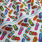 Colourful flip-flops white fabric with stripes polka dots for beach quilts, summer bags and patchwork sewing projects