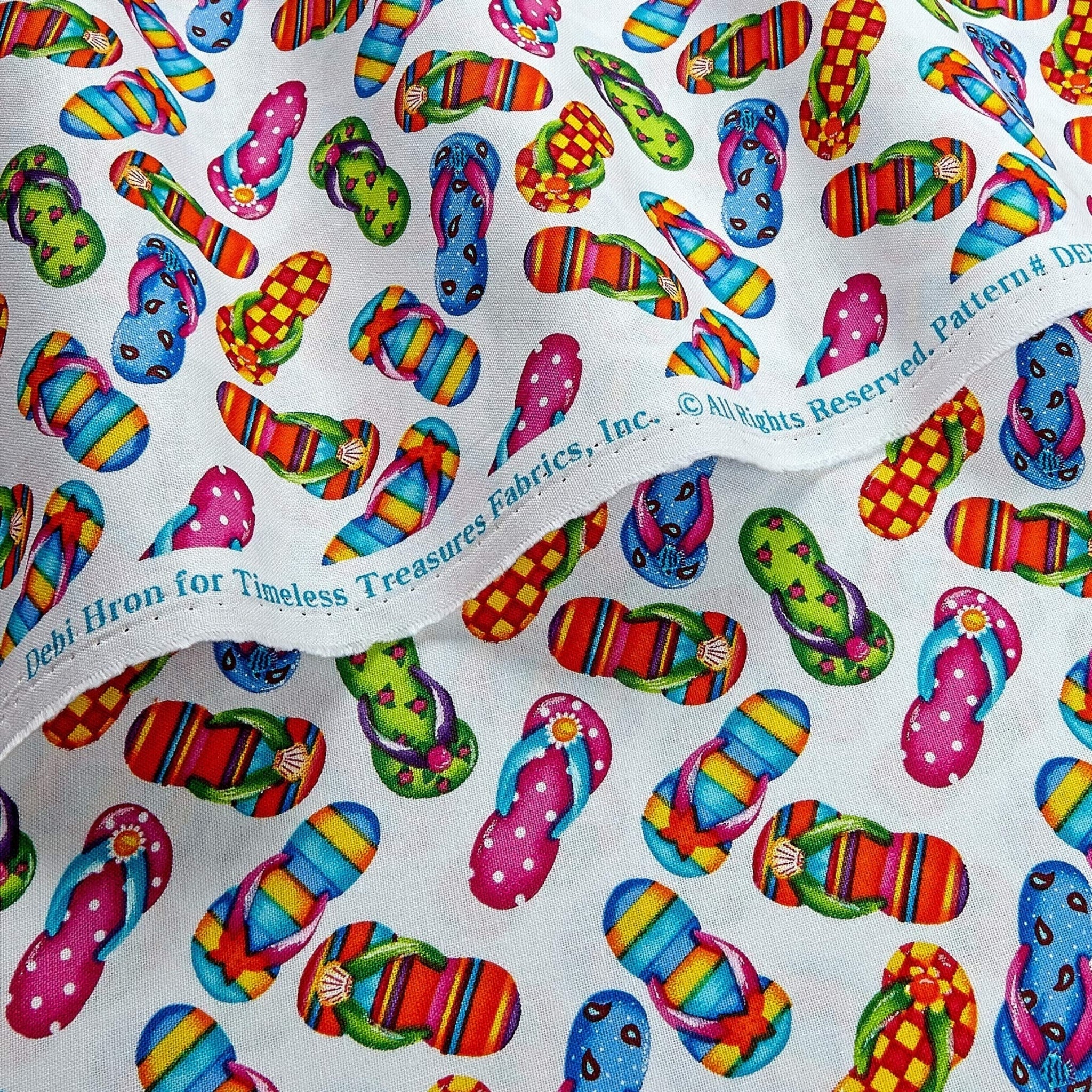 Colourful flip-flops white fabric with stripes polka dots for beach quilts, summer bags and patchwork sewing projects