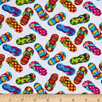 Colourful flip-flops white fabric with stripes polka dots for beach quilts, summer bags and patchwork sewing projects