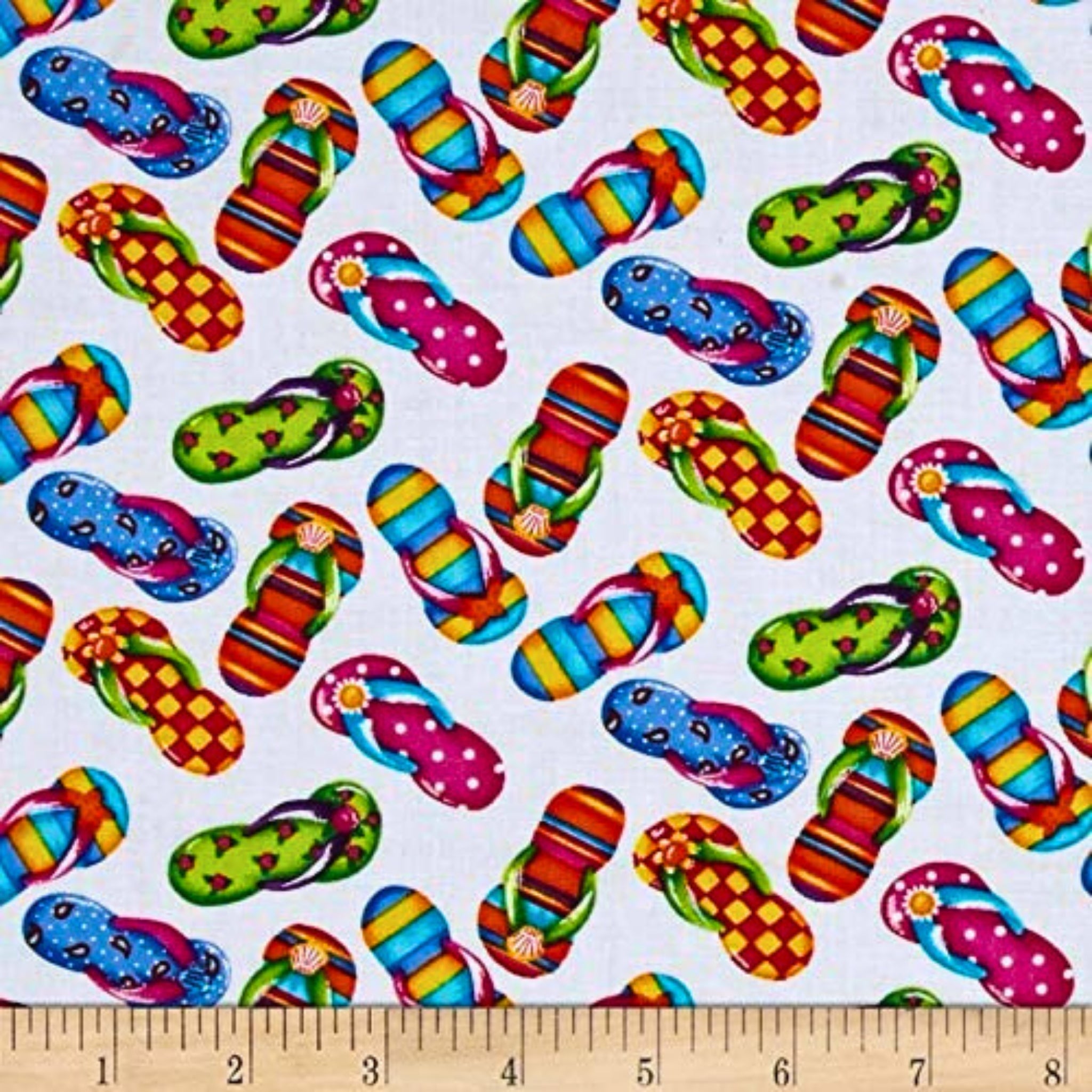 Colourful flip-flops white fabric with stripes polka dots for beach quilts, summer bags and patchwork sewing projects