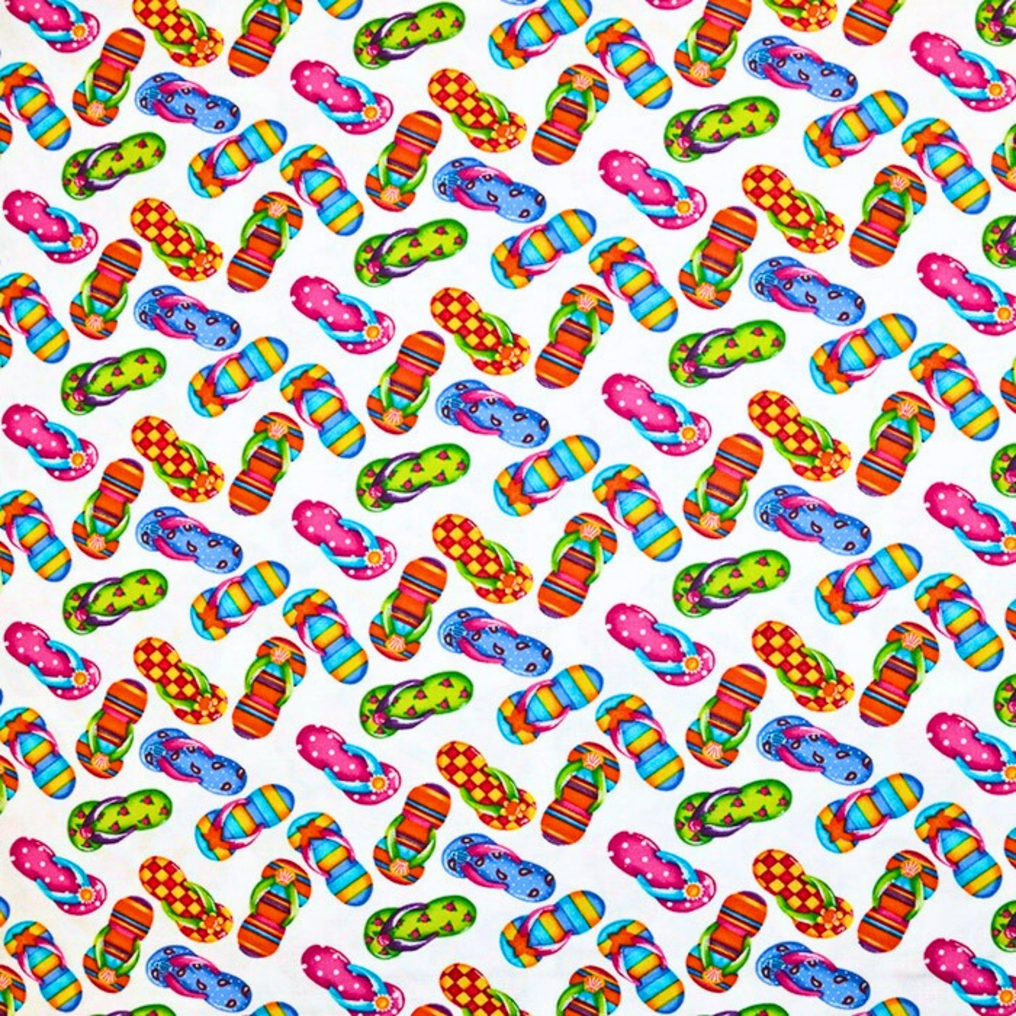Colourful flip-flops white fabric with stripes polka dots for beach quilts, summer bags and patchwork sewing projects
