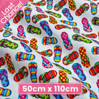Colourful flip-flops white fabric with stripes polka dots for beach quilts, summer bags and patchwork sewing projects