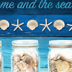 Mason jars filled with shells starfish scallop shells blue navy timber planks coastal stripe quilting fabric closeup