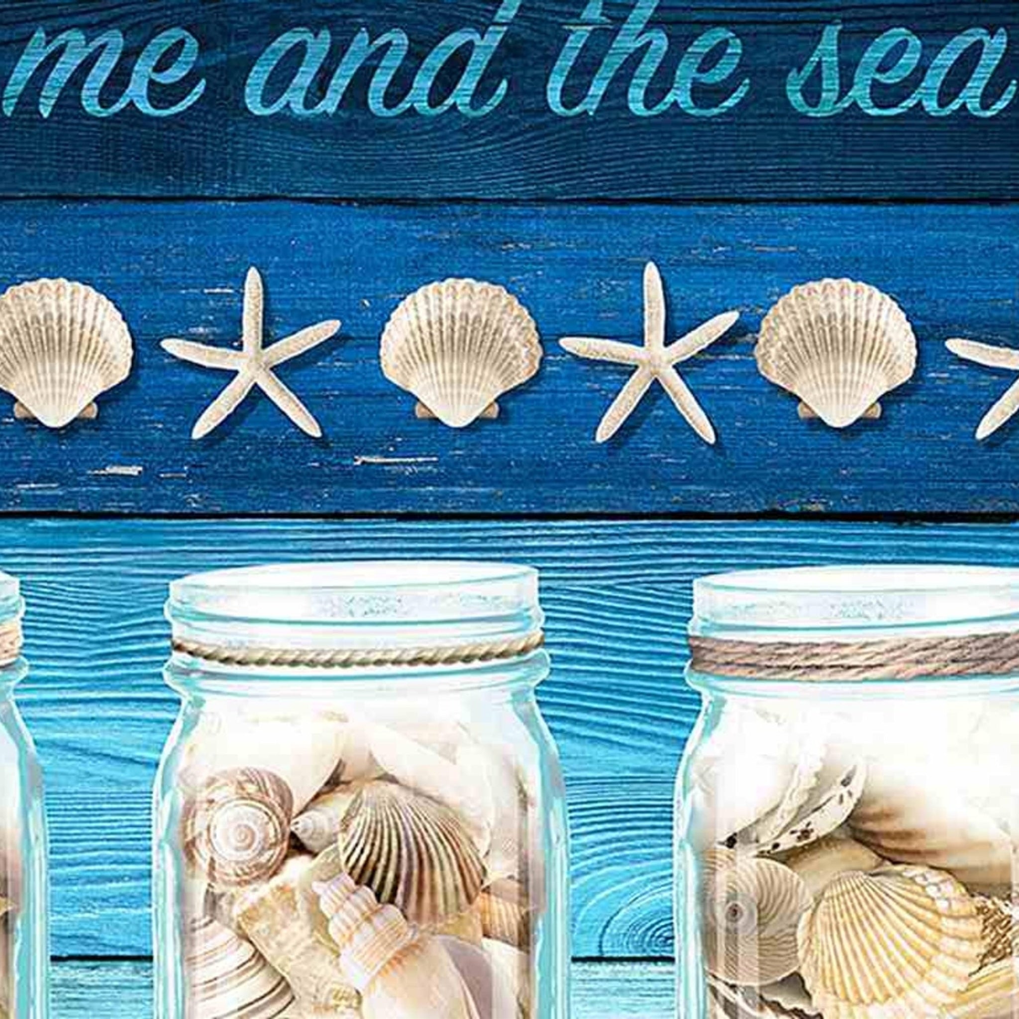 Mason jars filled with shells starfish scallop shells blue navy timber planks coastal stripe quilting fabric closeup