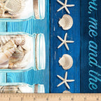 Mason jars seashells starfish coastal stripe border quilting fabric size reference blue aqua navy beach sewing projects